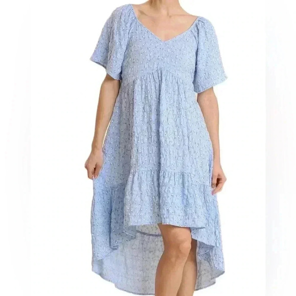 Umgee High Low Hem Dress With Smocked Detail And Back Cut Out Blue Floral Large - Picture 1 of 7